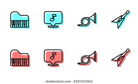 Set line Trumpet, Grand piano, Music note, tone and Electric bass guitar icon. Vector