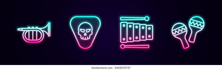 Set line Trumpet, Guitar pick, Xylophone and Maracas. Glowing neon icon. Vector