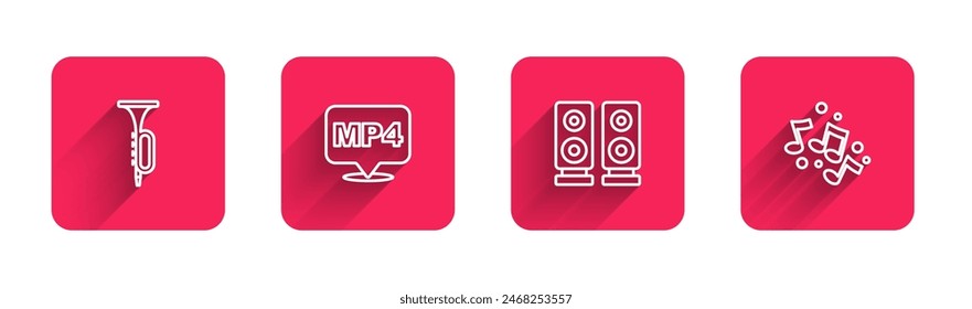 Set line Trumpet, MP4 file document, Stereo speaker and Music note, tone with long shadow. Red square button. Vector
