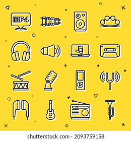 Set line Trumpet, Musical tuning fork, Retro audio cassette tape, Stereo speaker, Megaphone, Headphones, MP4 file document and Laptop with music icon. Vector