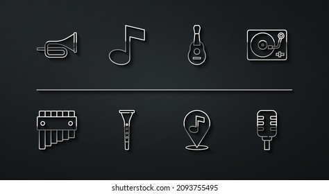 Set line Trumpet, Pan flute, Vinyl player with vinyl disk, Location musical note, Clarinet, Music tone, Microphone and Guitar icon. Vector