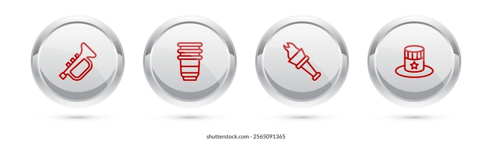 Set line Trumpet, Paper glass, Torch flame and Patriotic American top hat. Silver circle button. Vector