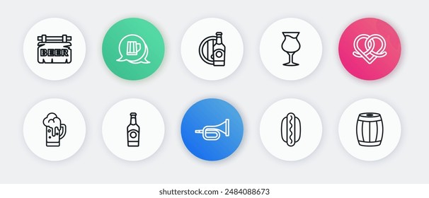 Set line Trumpet, Pretzel, Glass of beer, Hotdog sandwich, Beer bottle wooden barrel, Wooden and  icon. Vector