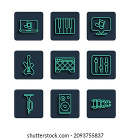 Set line Trumpet, Stereo speaker, Xylophone, Music note, tone, Guitar amplifier, Electric bass guitar, Laptop with music and Sound mixer controller icon. Vector
