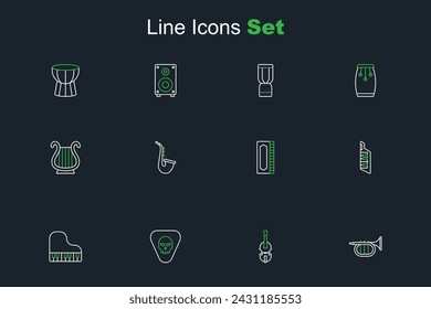 Set line Trumpet, Violin, Guitar pick, Grand piano, Keytar, Harmonica, Saxophone and Ancient Greek lyre icon. Vector