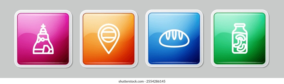 Set line The Tsar bell, Location Russia, Bread loaf and Pickled cucumbers in jar. Colorful square button. Vector