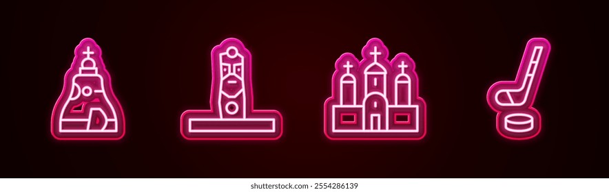 Set line The Tsar bell, Slavic pagan idol, Church building and Ice hockey stick and puck. Glowing neon icon. Vector