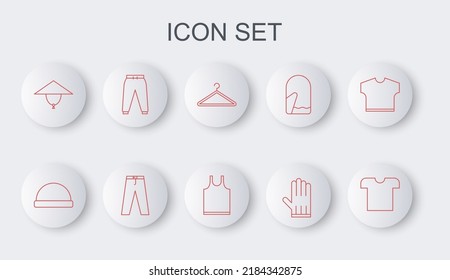 Set line T-shirt, Beanie hat, Hanger wardrobe, Leather glove, Asian conical, Sport pants, Pants and Sleeveless icon. Vector