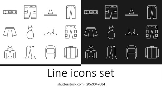 Set line T-shirt, Cargo pants, Gardener worker hat, Woman dress, Skirt, Leather belt, Bra and Short icon. Vector