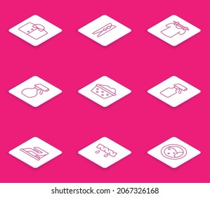 Set-Linie T-Shirt, Bekleidungsstift, Trocknung Kleidung, Wassersprühflasche, Waschbecken mit Seifensuds, Elektroeisen und Squeeze Icon. Vektorgrafik