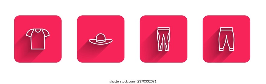 Set line T-shirt, Elegant women hat, Leggings and Pants with long shadow. Red square button. Vector