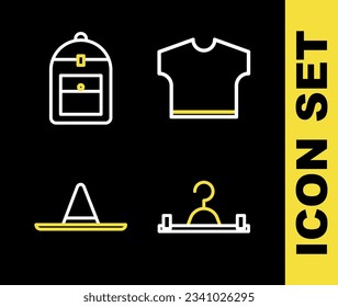 Set line T-shirt, Hanger wardrobe, Gardener worker hat and Backpack icon. Vector