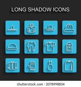 Set line T-shirt, Leather glove, Gardener worker hat, Woman dress, Skirt, Pants, Backpack and Polo icon. Vector