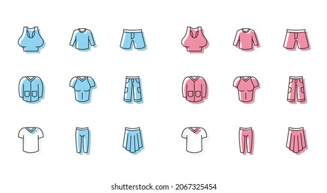 Set line T-shirt, Leggings, Undershirt, Skirt, Pants, Sweater and  icon. Vector