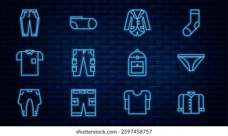 Set line T-shirt, Men underpants, Blazer or jacket, Cargo, Polo, Pants, Backpack and Sport socks icon. Vector