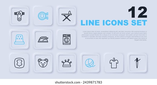 Set line T-shirt on hanger, Needle for sewing with thread, Electric iron, Yarn ball, Thimble, Teddy bear plush toy, Leather and bed and needles icon. Vector