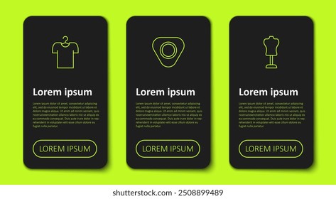 Set línea camiseta en la percha, tiza de costura y maniquí. Plantilla de infografía de negocios. Vector
