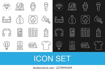 Ponga la camiseta de la línea, lata de pintura, cuchillo sangriento, reloj de pulsera, bolso de dinero, lentes, diamante y icono del rapero. Vector