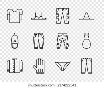 Set Line T-shirt, Pants, Cargo Pants, Leather Glove, Long Sleeve, Men Underpants And Woman Dress Icon. Vector