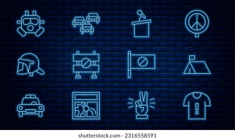 Set line T-shirt protest, Protest camp, Stage stand or tribune, Road barrier, Police helmet, Gas mask,  and Traffic jam icon. Vector