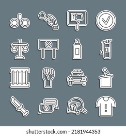 Fijar la línea de protesta de camisetas, escenario o tribuna, extinguidor de incendios, protesta, escalas de justicia, esposas y spray de pintura puede ser un icono. Vector