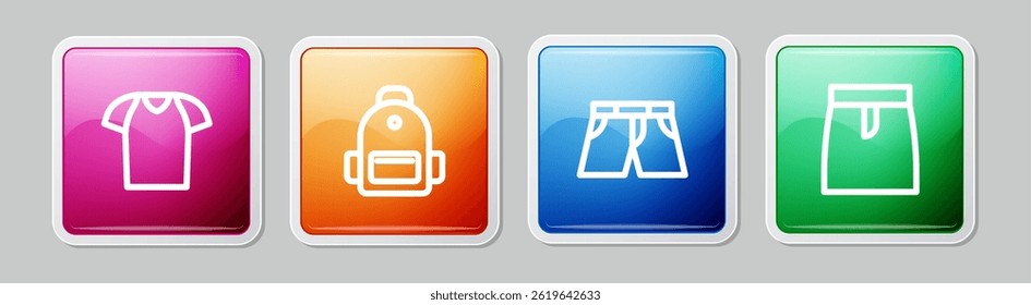 Set line T-shirt, School backpack, Short or pants and Skirt. Colorful square button. Vector