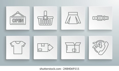 Set line T-shirt, Shopping basket, Carton cardboard box, Telephone 24 hours support, Skirt, Leather belt and Hanging sign with Open icon. Vector