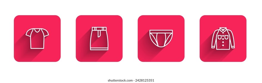 Set line T-shirt, Skirt, Men underpants and Shirt with long shadow. Red square button. Vector