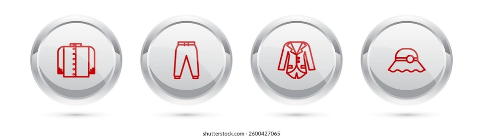 Set line T-shirt, Sport pants, Blazer jacket and Elegant women hat. Silver circle button. Vector