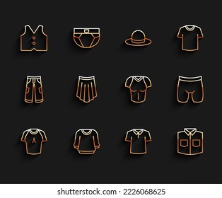 Set line T-shirt, Sweater, Waistcoat, Shirt, Skirt, Cycling shorts and  icon. Vector