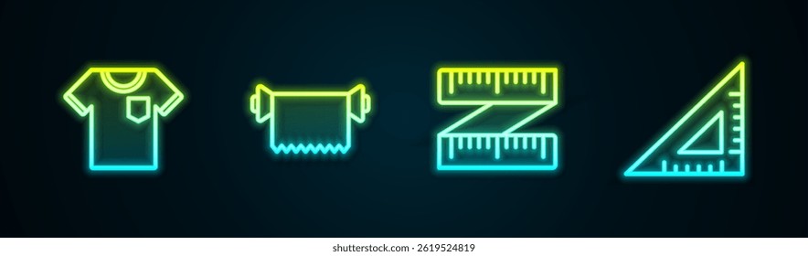 Set line T-shirt, Textile fabric roll, Tape measure and Triangular ruler. Glowing neon icon. Vector