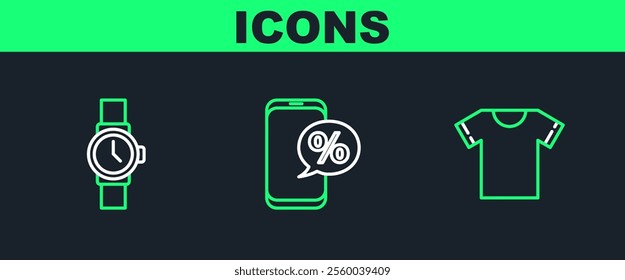 Set line T-shirt, Wrist watch and Percent discount and phone icon. Vector