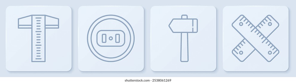 Set line T-línea cuadrada, martillo, toma eléctrica y Regla cruzada. Botón cuadrado blanco. Vector