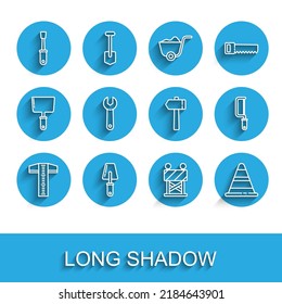 Set line T-square line, Trowel, Screwdriver, Road barrier, Traffic cone, Wrench spanner, Hacksaw and Hammer icon. Vector
