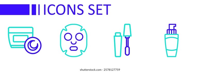 Set line Tube of hand cream, Mascara brush, Facial cosmetic mask and Cream or lotion tube icon. Vector