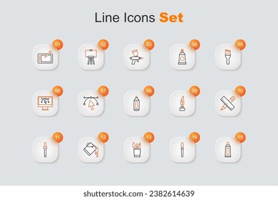Set line Tube with paint palette, Paint brush, Pencil case stationery, bucket, Eyedropper color picker, Crossed ruler and pencil, Feather inkwell and Marker icon. Vector