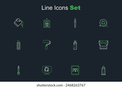 Set line Tube with paint palette, Computer design program, Paint spray, Pencil eraser, bucket, Marker pen, roller brush and Stationery knife icon. Vector