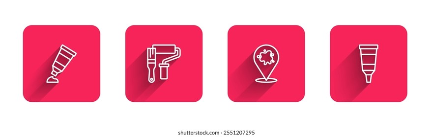 Set line Tube with paint palette, Paint roller brush, spray and  with long shadow. Red square button. Vector