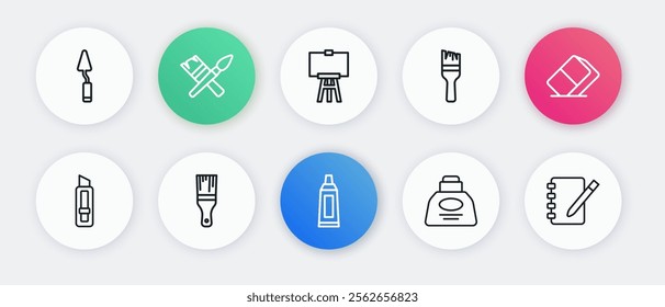 Set line Tube with paint palette, Eraser or rubber, Stationery knife, Inkwell, Paint brush, Wood easel, Notebook and  icon. Vector