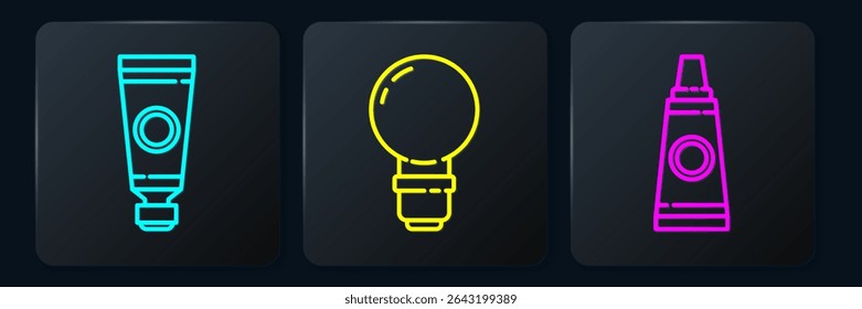 Set line Tube with paint palette, Tube with paint palette and Light bulb. Black square button. Vector