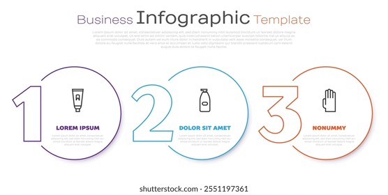 Set line Tube of toothpaste, Bottle liquid antibacterial soap and Rubber gloves. Business infographic template. Vector