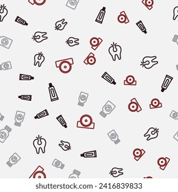 Set line Tube of toothpaste, Broken, Toothache painkiller tablet and Otolaryngological head reflector on seamless pattern. Vector