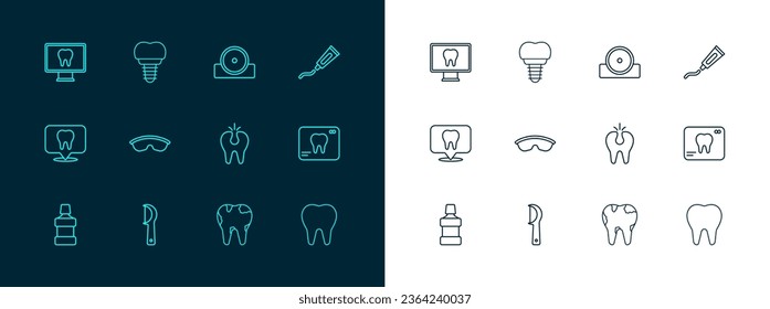 Fijar la línea Tubo de pasta dental, Pisos dentales, Roto, Gafas de gafas de seguridad, Reflector Otolaringológico de cabeza, Atención dental en línea e icono del implante. Vector