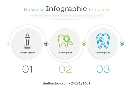 Set line Tube of toothpaste, Dental search and Tooth with caries. Business infographic template. Vector