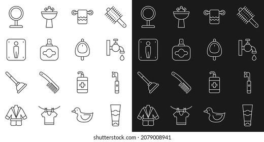 Set Linie Tube aus Zahnpasta, Elektrische Zahnbürste, Wasserhahn, Handtuch auf Hänger, Parfüm, Männliche Toilette, Rundschminkspiegel und Toilettenpissoir-Ikone. Vektorgrafik