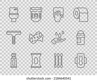 Set line Tube of toothpaste, Sanitary napkin, Cleaning service, Wet wipe pack, Toilet bowl, Sponge, Cotton swab for ears and Antiperspirant deodorant roll icon. Vector