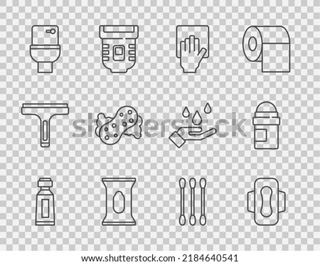 Set line Tube of toothpaste, Sanitary napkin, Cleaning service, Wet wipe pack, Toilet bowl, Sponge, Cotton swab for ears and Antiperspirant deodorant roll icon. Vector