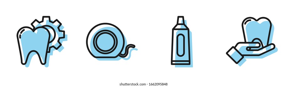 Set line Tube of toothpaste, Tooth treatment procedure, Dental floss and Tooth icon. Vector