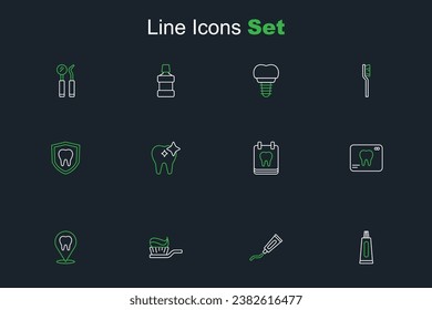 Set line Tube of toothpaste, Toothbrush with, Dental clinic location, X-ray, Calendar, whitening and protection icon. Vector