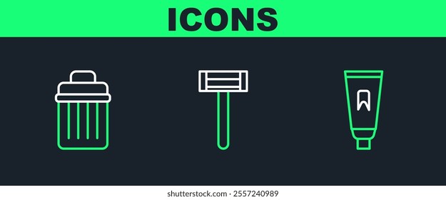 Set line Tube of toothpaste, Trash can and Shaving razor icon. Vector